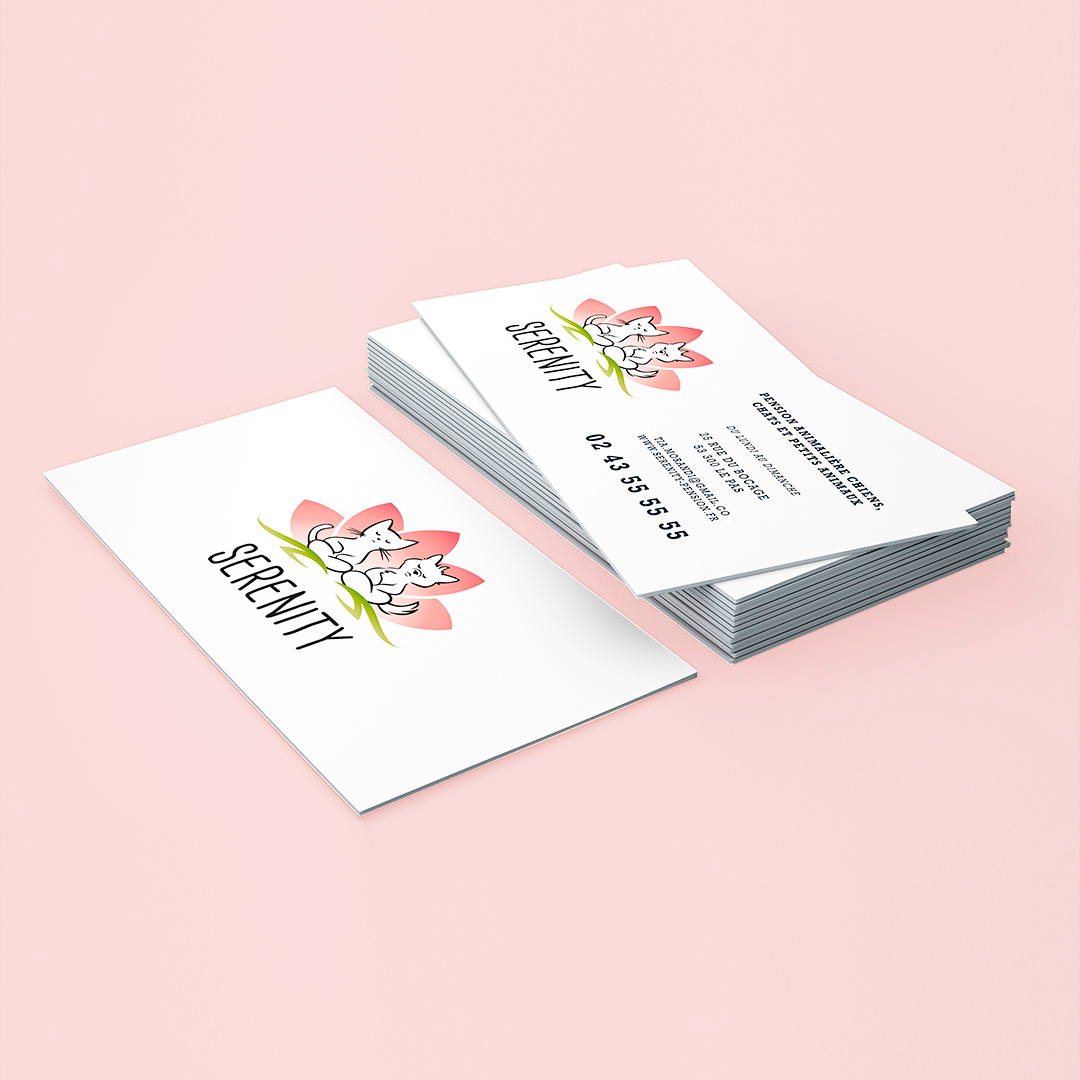 Carte de visite épuré de pension animalière Serenity avec un logo de lotus rose et un chat et chien zen devant