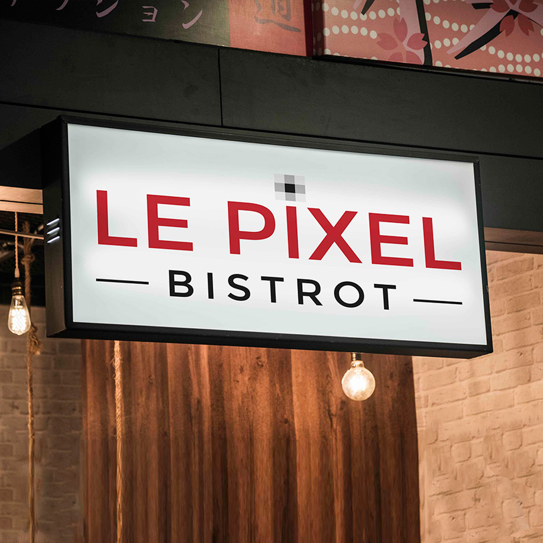 enseigne lumineuse avec le logo "Le Pixel Bistrot" en rouge et noir